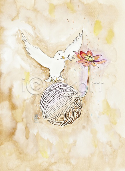 사람없음 JPG 일러스트 그림 꽃 날갯짓 동물 미술 백그라운드 비둘기 수채화(물감) 시화 식물 실 실타래 조류 털실 한마리 한송이