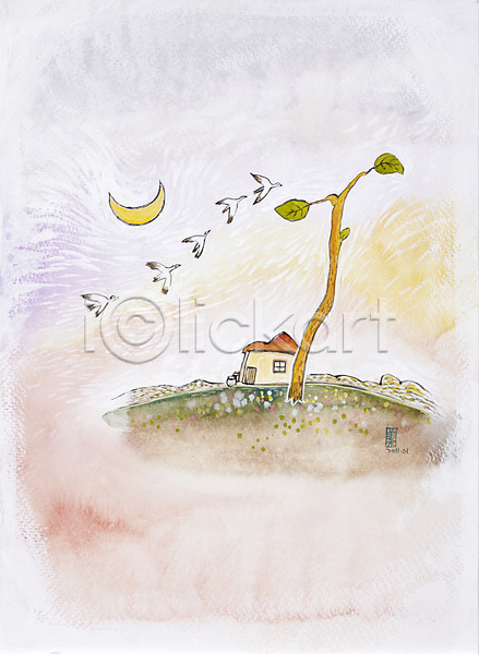 사람없음 JPG 일러스트 그림 나무 나뭇잎 달 달밤 동물 미술 백그라운드 비행 수채화(물감) 시골 시골집 시화 식물 야간 잎 저녁 조류 주택 초승달 풍경(경치) 한그루