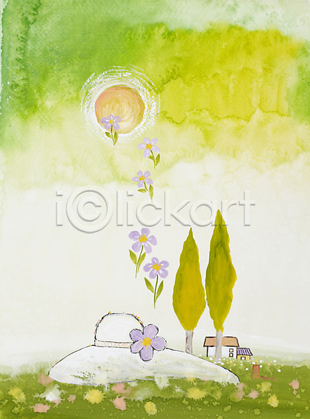 사람없음 JPG 일러스트 그림 꽃 나무 모자(잡화) 미술 백그라운드 소풍 수채화(물감) 시화 식물 자연 잡화 주택 초원(자연) 태양 풍경(경치) 해