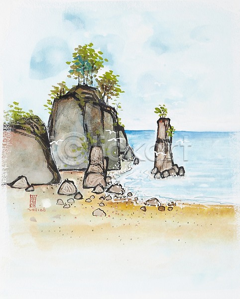 사람없음 JPG 일러스트 그림 나무 돌(바위) 모래사장 미술 바다 바위(돌) 백그라운드 수채화(물감) 시화 식물 암석 자연 풍경(경치) 해변
