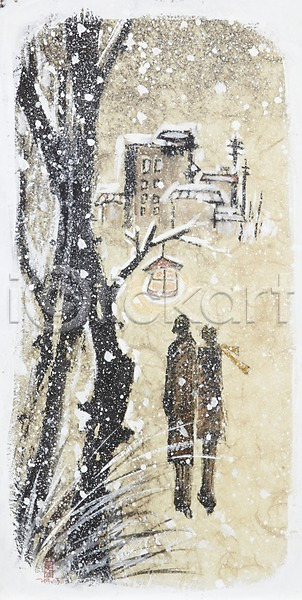 남자 두명 사람 여자 JPG 뒷모습 일러스트 건물 겨울 겨울배경 계절 그림 나무 눈(날씨) 도시 도시풍경 램프 미술 백그라운드 빌딩 수채화(물감) 시화 식물 조명 커플 풍경(경치)