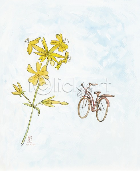 산책 사람없음 JPG 일러스트 그림 꽃 노란색 레저 미술 백그라운드 소풍 수채화(물감) 시화 식물 자전거 컬러 화초