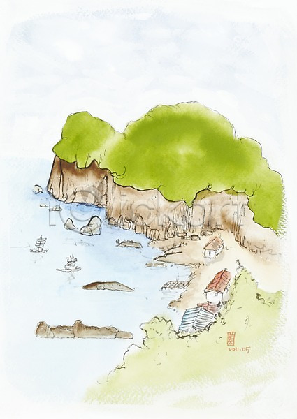 사람없음 JPG 일러스트 그림 돌(바위) 마을 미술 바다 바위(돌) 백그라운드 섬 수채화(물감) 시화 자연 절벽 주택 풍경(경치) 해변 해안도시