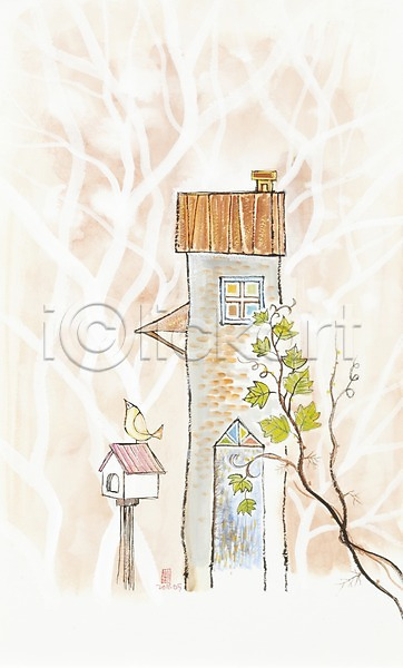 사람없음 JPG 일러스트 건물 건축물 그림 나무 나뭇가지 덩굴 동물 미술 백그라운드 수채화(물감) 시화 식물 우체통 조류 주택 한마리