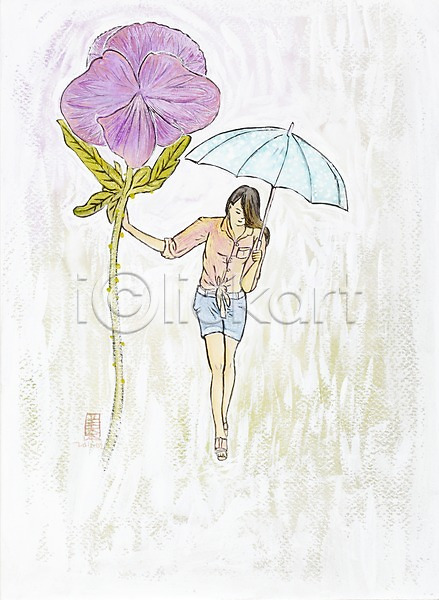 사람 성인 성인만 성인여자만 여자 여자만 여자한명만 한명 JPG 일러스트 그림 꽃 날씨 미술 백그라운드 비(날씨) 수채화(물감) 시화 식물 우산 한송이