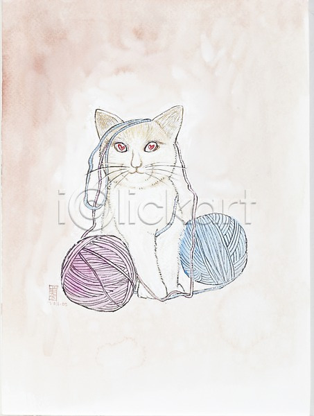 호기심 사람없음 JPG 일러스트 고양이 그림 놀이 동물 미술 반려동물 백그라운드 수채화(물감) 시화 실 실타래 장난 털실 포유류 한마리