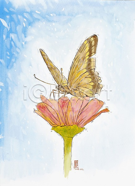 사람없음 JPG 일러스트 곤충 그림 꽃 나비 동물 미술 백그라운드 벌레 수채화(물감) 시화 식물 자연 절지류 한마리 한송이 화초