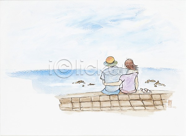 남자 두명 사람 성인 성인만 여자 JPG 뒷모습 일러스트 그림 모자(잡화) 미술 바다 백그라운드 수채화(물감) 시화 신발 안기 앉기 여행 커플 포옹 한쌍 해변 휴가
