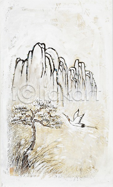 사람없음 JPG 일러스트 그림 나무 날갯짓 동물 미술 백그라운드 비행 산 새해 소나무 수채화(물감) 시화 식물 자연 전통 조류 풍경(경치) 학 한그루 한마리