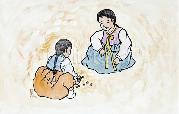 두명 사람 소녀(어린이) 소녀만 어린이 어린이만 여자 여자만 JPG 일러스트 공기(놀이용품) 공기놀이 그림 놀이 놀이용품 문화 미술 백그라운드 수채화(물감) 시화 앉기 옛날 전통 전통놀이 전통문화 한국 한국문화 한국전통 한복