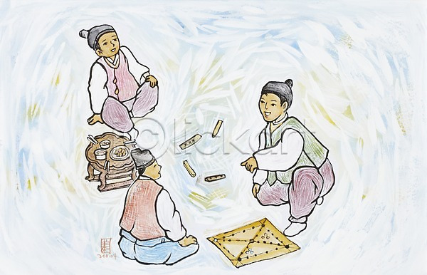 남자 남자만 사람 성인 성인남자만 성인만 세명 JPG 일러스트 그림 놀이 놀이용품 문화 미술 밥상 백그라운드 수채화(물감) 시화 앉기 양반 옛날 윷 윷놀이 윷판 음식 전통 전통놀이 전통문화 젓가락 한국 한국문화 한국전통 한복