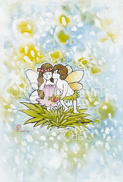 남자 두명 사람 아기 아기만 여자 JPG 일러스트 그림 꽃 날개(비행) 미술 백그라운드 수채화(물감) 시화 식물 천사 키스 화관 화초
