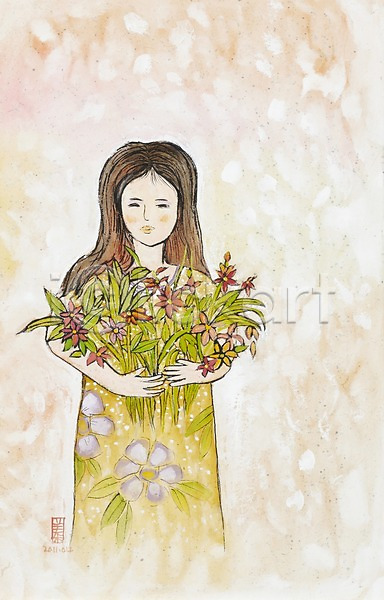 사람 여자 여자만 여자한명만 한명 JPG 일러스트 그림 꽃 꽃다발 미술 백그라운드 수채화(물감) 시화 식물 안기 화초