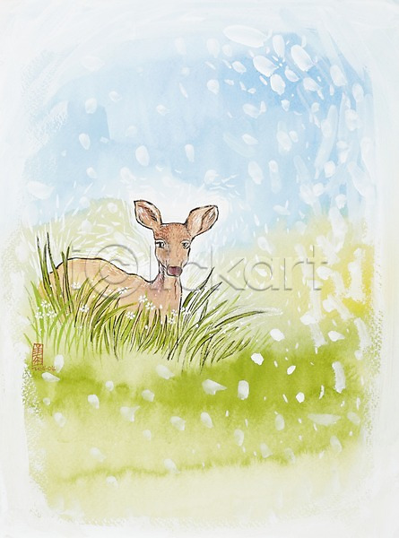 사람없음 JPG 일러스트 그림 동물 미술 백그라운드 사슴 수채화(물감) 숲 숲속 시화 식물 야생동물 자연 초식동물 초원(자연) 포유류 풀(식물) 한마리