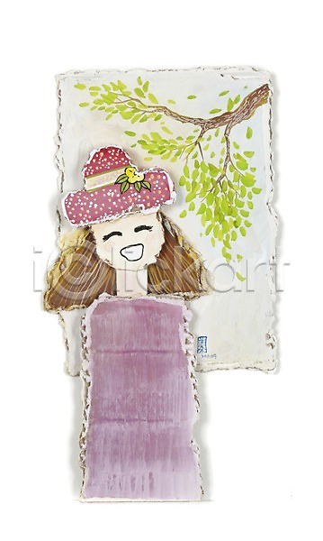 사람 여자 여자만 여자한명만 한명 JPG 일러스트 그림 나무 나뭇잎 모자(잡화) 미소(표정) 미술 백그라운드 소풍 수채화(물감) 시화 식물 웃음 잎 종이
