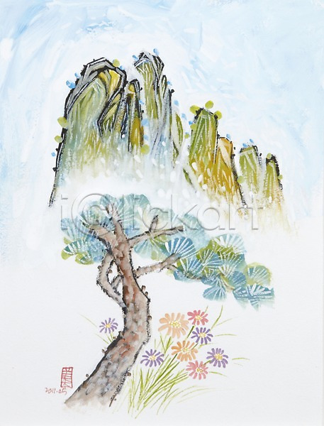 사람없음 JPG 일러스트 그림 꽃 나무 미술 백그라운드 산 소나무 수채화(물감) 시화 식물 여러송이 자연 전통 풍경(경치) 한그루 화초
