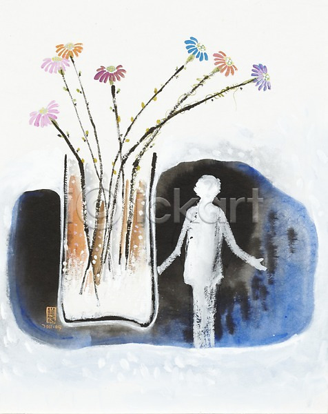 사람 한명 JPG 일러스트 그림 꽃 꽃병 미술 백그라운드 수채화(물감) 시화 식물 여러송이 화초