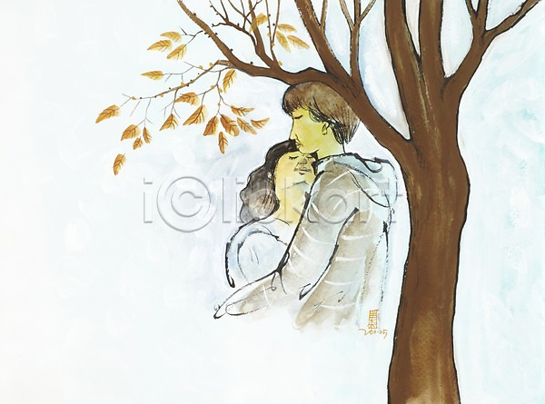 사랑 남자 두명 사람 성인 성인만 여자 JPG 일러스트 가을(계절) 가을배경 가을풍경 계절 그림 나무 나뭇잎 미술 백그라운드 상반신 수채화(물감) 시화 식물 안기 잎 커플 포옹 풍경(경치) 한그루 한쌍