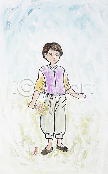 남자 남자만 남자한명만 사람 소년 한명 JPG 일러스트 그림 꽃 꽃다발 미술 백그라운드 수채화(물감) 시화 식물 한복