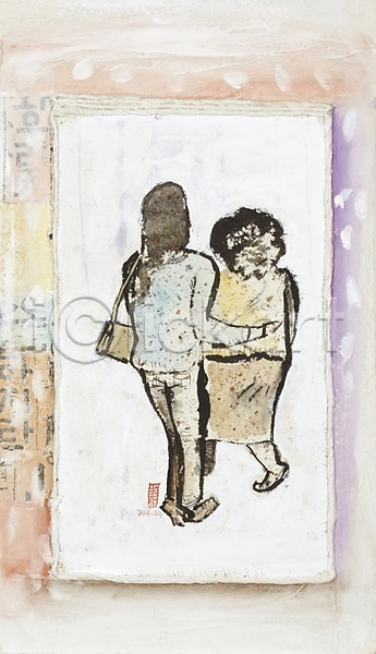 두명 사람 여자 여자만 JPG 뒷모습 일러스트 가족 걷기 그림 딸 미술 백그라운드 부모 수채화(물감) 시화 엄마 자녀 자식 종이