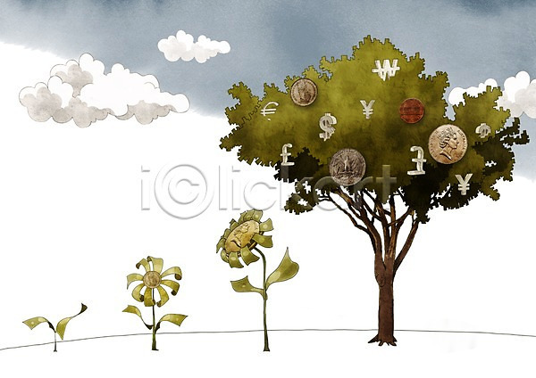 사람없음 PSD 일러스트 경제 구름(자연) 금융비즈니스 기호 나무 단위 달러 돈 동전 리라 비즈니스 식물 엔 원화 유로 하늘 화폐기호