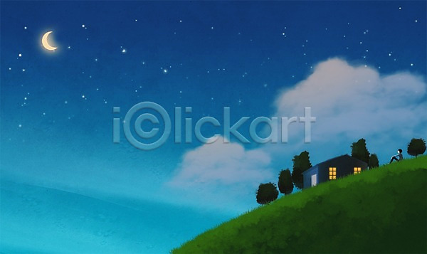 남자 남자한명만 사람 성인 성인남자만 한명 PSD 일러스트 구름(자연) 나무 달 백그라운드 별 식물 앉기 응시 저녁 전신 주택 초승달 초원(자연) 하늘