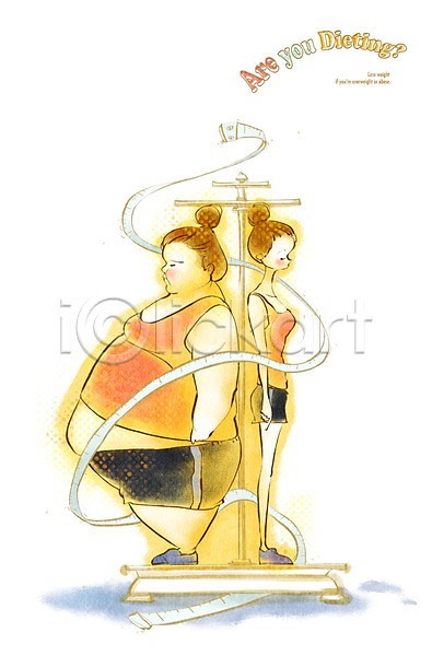 비교 두명 사람 성인 성인만 성인여자만 여자 여자만 PSD 일러스트 건강 건강관리 날씬함 다이어트 라이프 라이프스타일 몸무게 비만 서기 전신 체중계 측정기