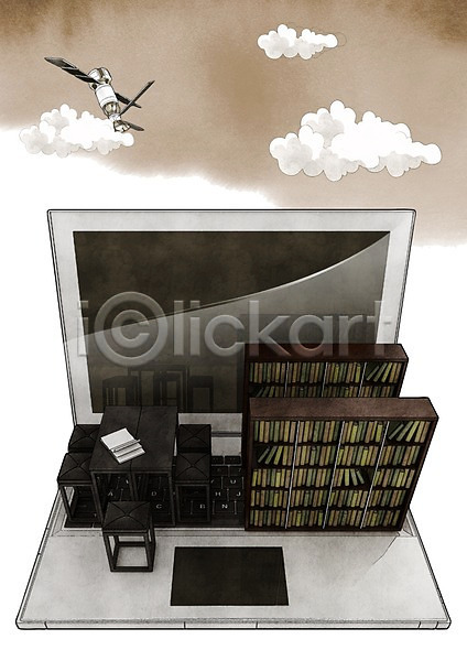 스마트 편리함 사람없음 PSD 일러스트 구름(자연) 노트북 도서관 서랍장 의자 인공위성 정보 정보기술 책 책상 책장 컴퓨터 탁자 통신