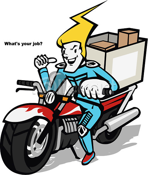남자 사람 성인 한명 AI(파일형식) 일러스트 미소(표정) 배송 상자 손짓 앉기 오토바이 운송업 웃음 전신 직업 캐릭터 퀵서비스 택배 택배기사 택배상자 홍보캐릭터