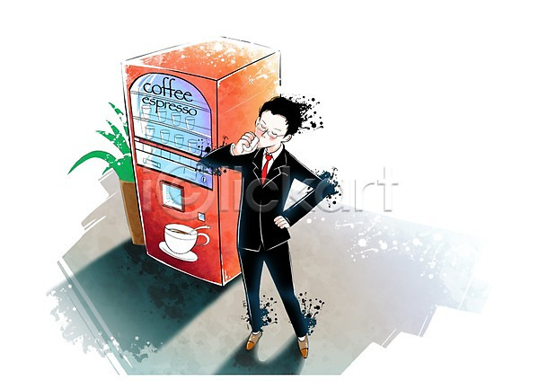 남자 남자한명만 사람 성인 성인남자만 한명 PSD 일러스트 넥타이 비즈니스 비즈니스맨 서기 자판기 전신 정장 직장인 차(음료) 커피 커피자판기