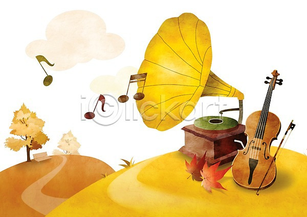 사람없음 PSD 일러스트 가을(계절) 가을배경 계절 나무 낙엽 단풍 바이올린 백그라운드 벤치 식물 악기 음악 음표 의자 축음기 풍경(경치) 현악기
