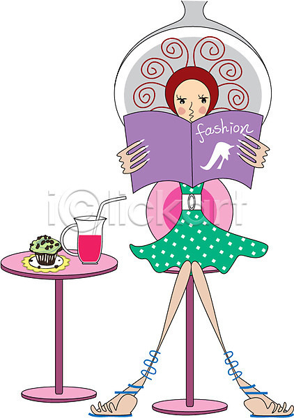 여유 사람 성인 성인만 성인여자만 여자 여자만 여자한명만 한명 AI(파일형식) 일러스트 라이프 라이프스타일 머리카락 미소(표정) 미용실 뷰티 앉기 웃음 음료 의자 잔 잡지 전신 책 컵 컵케이크 케이크 탁자 패션
