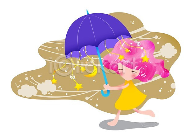 여유 사람 여자 여자만 여자한명만 한명 PSD 일러스트 달 라이프 라이프스타일 무늬 문양 미소(표정) 별 서기 우산 웃음 전신 캐릭터 패턴