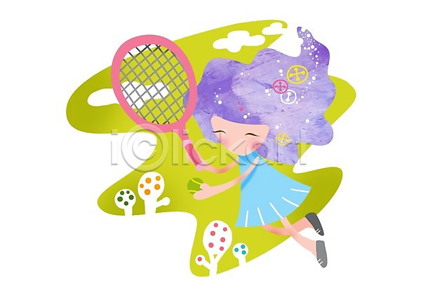여유 사람 여자 여자만 여자한명만 한명 PSD 일러스트 공 라이프 라이프스타일 라켓 라켓(배드민턴) 미소(표정) 서기 운동 웃음 전신 캐릭터 테니스 테니스공 테니스라켓