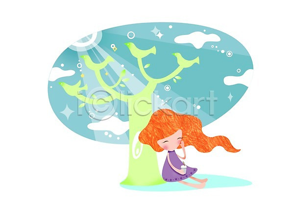 여유 휴식 사람 여자 여자만 여자한명만 한명 PSD 일러스트 구름(자연) 나무 동물 라이프 라이프스타일 미소(표정) 식물 앉기 웃음 음료 전신 조류 캐릭터 휴식처