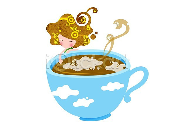 여유 티타임 휴식 사람 여자 여자만 여자한명만 한명 PSD 일러스트 구름(자연) 라이프 라이프스타일 물방울무늬 미소(표정) 웃음 잔 차(음료) 찻잔 캐릭터 커피 컵