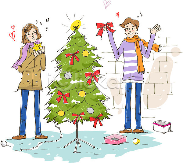 여유 즐거움 휴식 20대 남자 두명 사람 성인 성인만 여자 청년만 AI(파일형식) 일러스트 겨울 계절 나무 들기 라이프 라이프스타일 리본 목도리 별 상자 서기 식물 장식 전구 전신 취미 크리스마스 크리스마스트리