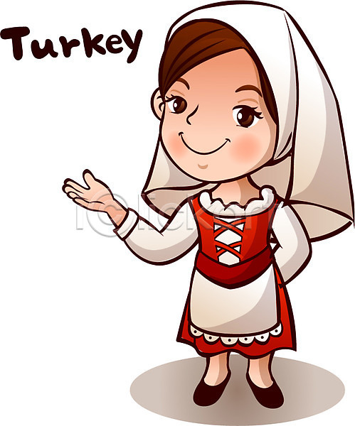 사람 여자 여자만 여자한명만 외국인 인종 한명 AI(파일형식) 일러스트 두건 모자(잡화) 미소(표정) 복식 서기 손들기 손짓 안내 알림 옷 외국문화 웃음 전신 전통 전통의상 중동 캐릭터 터키인 튀르키예