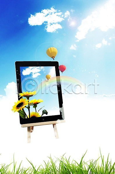 소통 스마트 사람없음 PSD 편집이미지 구름(자연) 기구 꽃 무지개 스크린 식물 열기구 이젤 전자제품 컴퓨터 태블릿 터치 풀(식물) 하늘 해바라기