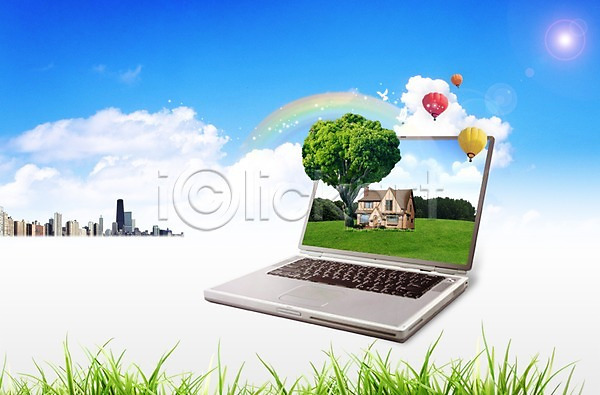 소통 스마트 사람없음 PSD 편집이미지 건물 구름(자연) 기구 나무 노트북 무지개 빌딩 식물 열기구 잔디 주택 초원(자연) 컴퓨터 풀(식물) 하늘