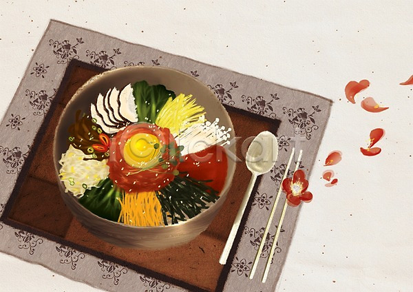 사람없음 PSD 일러스트 계란 그릇 당근 미나리 버섯 비빔밥 사발 숟가락 오이 요리 육회 음식 전통 전통문화 전통음식 젓가락 채소 표고버섯 한국 한국문화 한국전통 한식