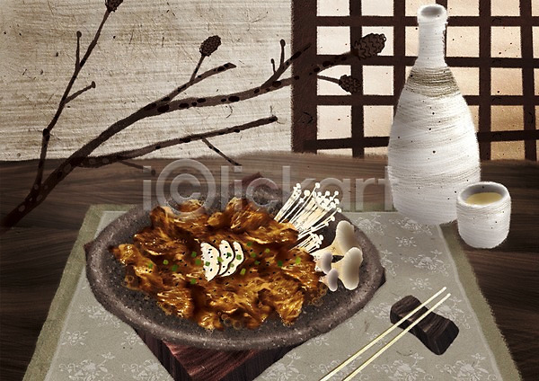 사람없음 PSD 일러스트 그릇 나무 버섯 병(담는) 불고기 술병 술잔 식물 요리 육류 육식 음식 잔 전통 전통문화 전통음식 접시 젓가락 컵 표고버섯 한국 한국문화 한국전통 한식
