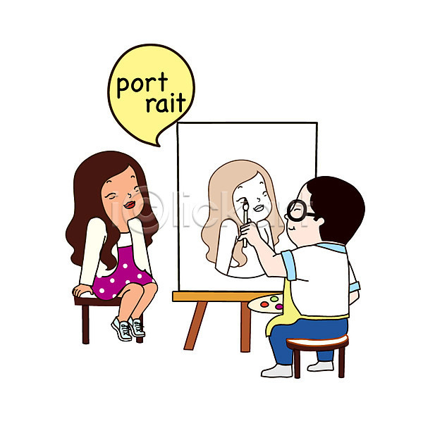 남자 두명 사람 성인 성인만 여자 AI(파일형식) 일러스트 그리기 그림 말풍선 미소(표정) 미술 붓 앉기 웃음 의자 이젤 전신 초상화 팔레트 화가