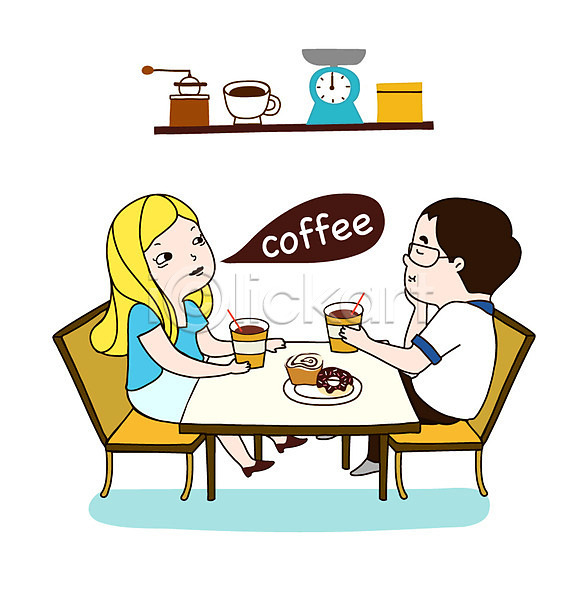 휴식 남자 두명 사람 성인 성인만 여자 AI(파일형식) 일러스트 고객 그릇 말풍선 미소(표정) 앉기 웃음 음료 잔 접시 카페 커피 커피잔 컵 탁자