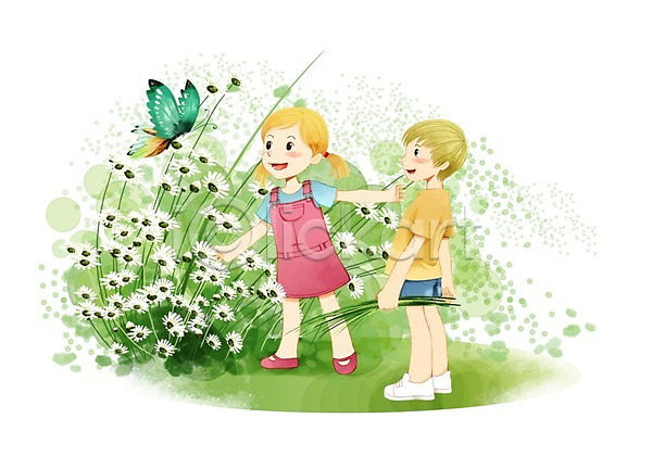 소통 함께함 남자 두명 사람 소녀(어린이) 소년 어린이 어린이만 여자 PSD 일러스트 꽃 꽃밭 동물 미소(표정) 서기 식물 웃음 전신 흰색