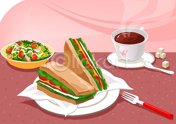 사람없음 AI(파일형식) 일러스트 각설탕(식품) 그릇 디저트 받침대 빵 샌드위치 샐러드 서양음식 설탕 숟가락 요리 음식 잔 접시 차(음료) 찻잔 커피 커피잔 컵 컵받침 포크