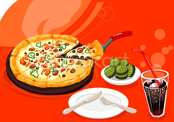 사람없음 AI(파일형식) 일러스트 그릇 나이프 빨대 서양음식 요리 음료 음식 이탈리아음식 잔 접시 칼 컵 콜라 토핑 포크 피자 피자칼 피클