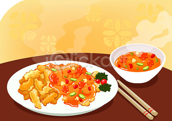 사람없음 AI(파일형식) 일러스트 그릇 요리 육류 음식 접시 젓가락 중국문화 중식 탕수육
