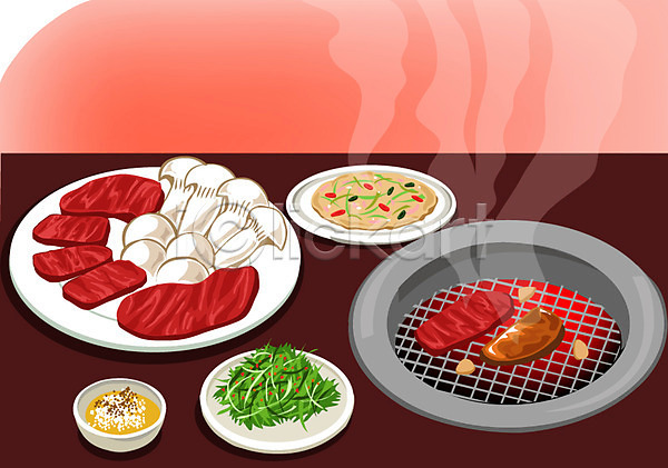 사람없음 AI(파일형식) 일러스트 구이 그릇 버섯 부침개 불판 생고기 소고기 양념 요리 육류 육식 음식 전 접시 파 한국문화 한식 한우