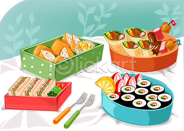 사람없음 일러스트 과일 김밥 꼬치 도시락 디저트 딸기 레몬 롤 분식 샌드위치 요리 유부초밥 음식 찬합 포크